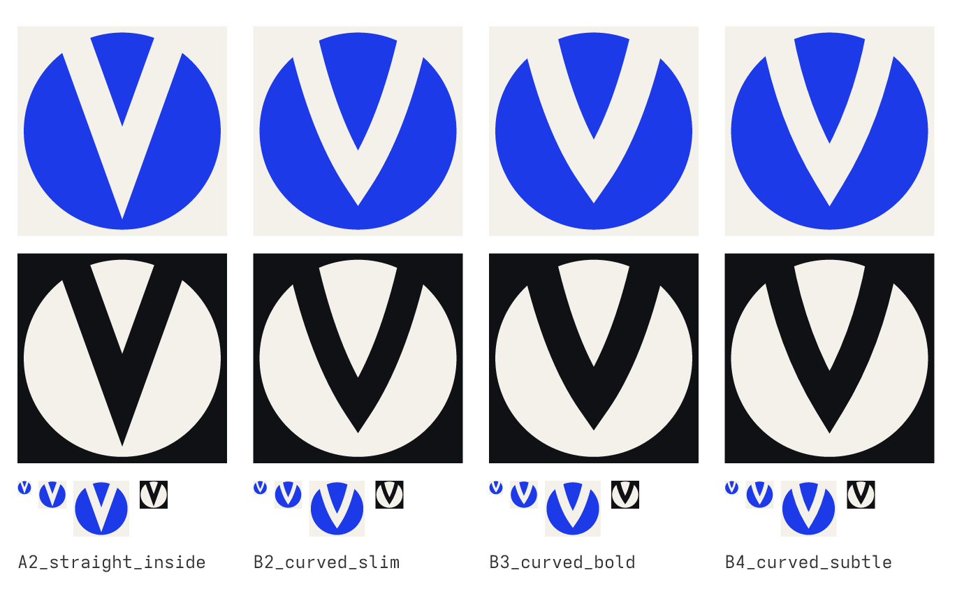 Four candidate marks compared on paper and on ink, and at 16, 32 and 64 pixels