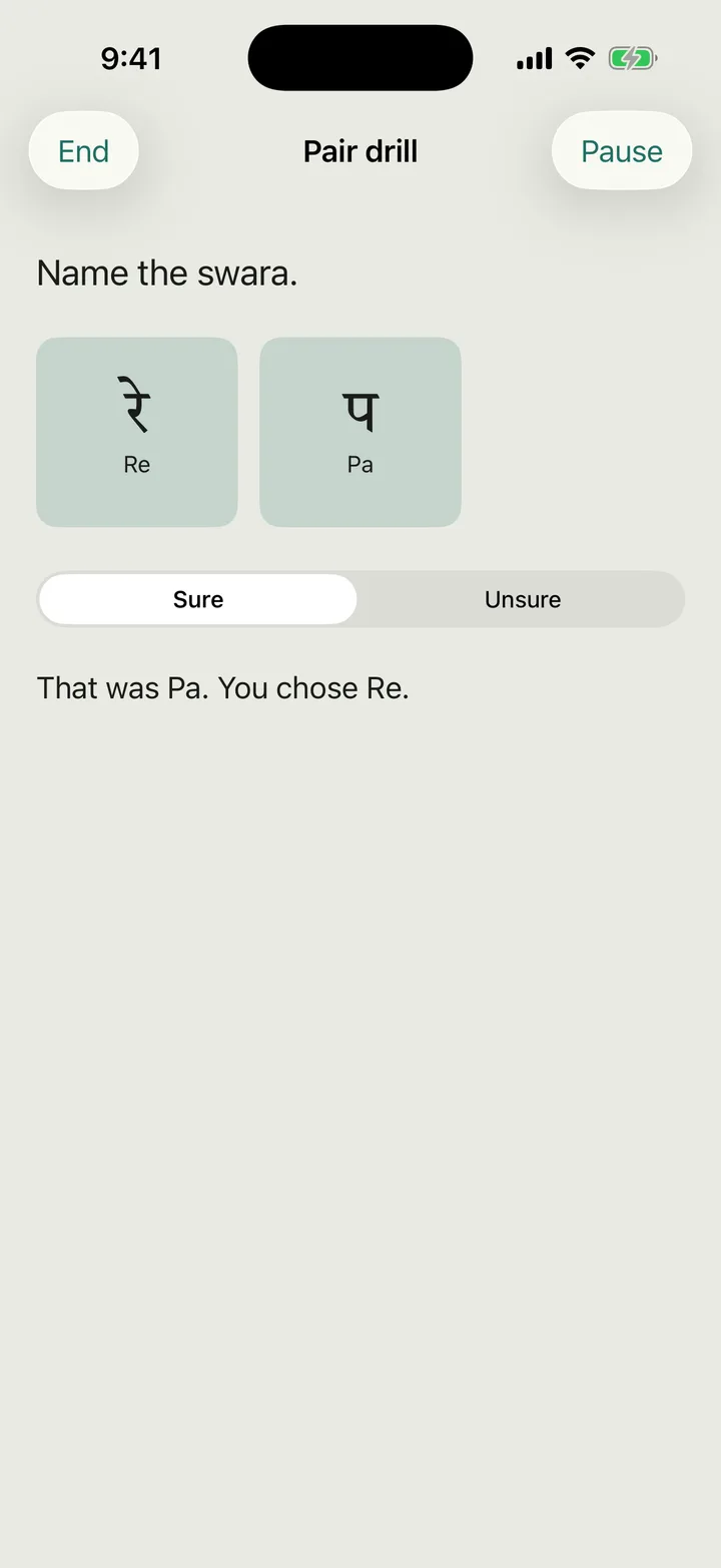 Jivari on iPhone after a wrong answer in a pair drill, with buttons for Re and Pa and the line: That was Pa. You chose Re.